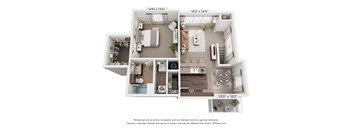 A 3D floor plan of a two-bedroom apartment with dimensions and a disclaimer.