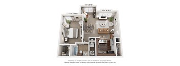 A 3D floor plan of a small apartment with a kitchen, living room, and two bedrooms.