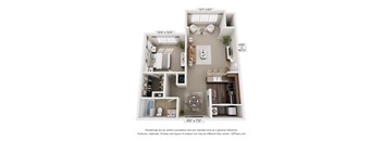 A 3D floor plan of a small apartment with a kitchen, living room, and bathroom.