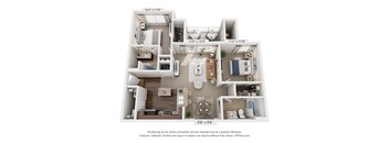 A 3D floor plan of a house with a kitchen, living room, and two bedrooms.