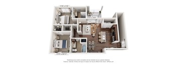 A 3D floor plan of a small apartment with a kitchen, living room, and bathroom.