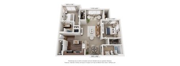 A 3D floor plan of a small apartment with a kitchen, living room, and bathroom.