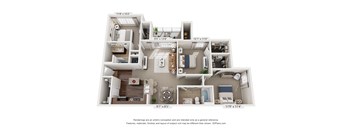 A 3D floor plan of a house with labeled dimensions.