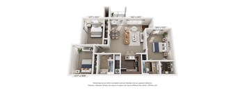 A 3D floor plan of a house with dimensions of each room.