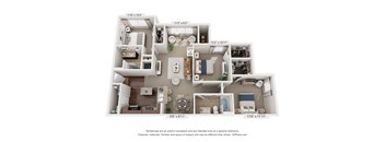 A 3D floor plan of a small apartment with a kitchen, living room, and bathroom.