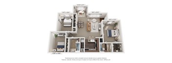 A 3D floor plan of a house with dimensions of each room.