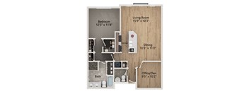 A floor plan of a small apartment with a living room, bedroom, dining area, bathroom, and office/den.