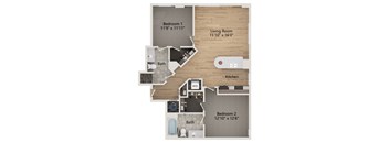 A floor plan of a home with a living room, two bedrooms, a kitchen, and a bathroom.