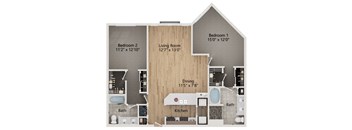 A floor plan of a house with two bedrooms, a living room, a dining room, a kitchen, and two bathrooms.