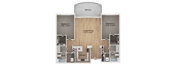 A floor plan of a home with a balcony, two bedrooms, a living/dining area, a kitchen, two bathrooms, and a workspace.