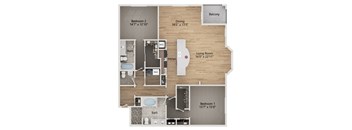 A floor plan of a home showing a living room, two bedrooms, a dining room, a kitchen, a balcony, and bathrooms.