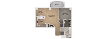 A floor plan of a home showing a living room, dining room, kitchen, bedroom, bathroom, and balcony.
