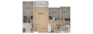 A floor plan of a home with three bedrooms, a living room, a dining room, a kitchen, and a balcony.