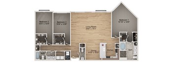 A floor plan of a house with three bedrooms and a living room.