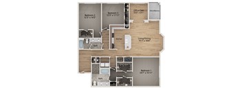 A floor plan of a home with four bedrooms, a living/dining area, a kitchen, and a bathroom.