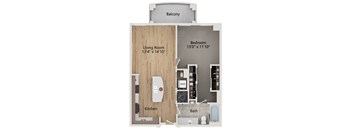 A floor plan of a small apartment with a living room, kitchen, bathroom, and bedroom.
