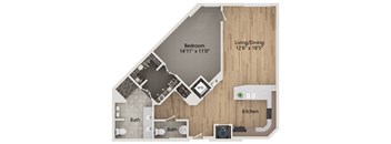 A floor plan of a house showing a bedroom, two bathrooms, a kitchen, and a living/dining area.