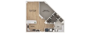 A floor plan of a home showing a living/dining area, kitchen, bathroom, and bedroom.