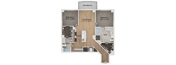 A floor plan of a home with a living room, two bedrooms, a kitchen, a bath, and a patio/balcony.