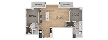 A floor plan of a two bedroom apartment with a living room, kitchen, bathrooms and balconies.