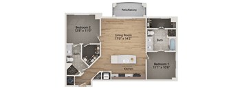 A floor plan of a home with a living room, two bedrooms, a kitchen, and a bathroom.