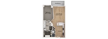 A floor plan of a small apartment with a bedroom, living room, kitchen, bathroom, and a patio/balcony.