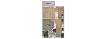 A floor plan of a small apartment with a living room, dining area, kitchen, bedroom, bathroom, and patio/balcony.