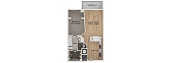 A floor plan of a small apartment with a bedroom, living room, kitchen, and bathroom.