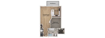 A floor plan of a small apartment with a living room, kitchen, bedroom, bathroom, and a patio/balcony.