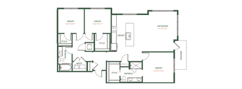 A floor plan of a house with labeled rooms such as DREAM, ENTERTAIN, and BREATHE.