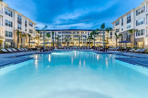 A large swimming pool in front of a building with palm trees.