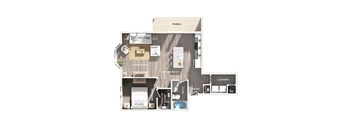 A floor plan of a house with a living room, dining room, kitchen, laundry, bathroom, and bedroom.