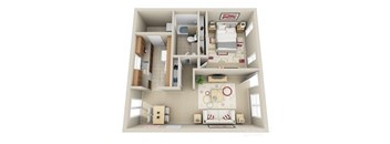 Apartment layout with a living room, kitchen, and bedroom.