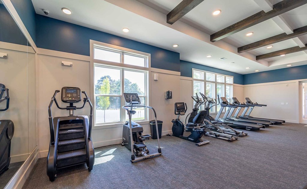 Downtown Greenville, SC Apartments - The Aster - Fitness Center with Carpeting, Treadmills, Elliptical Machines, Stairmaster, Wall Mirror, and Large Windows.