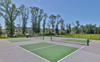 A tennis court surrounded by trees and a fence.