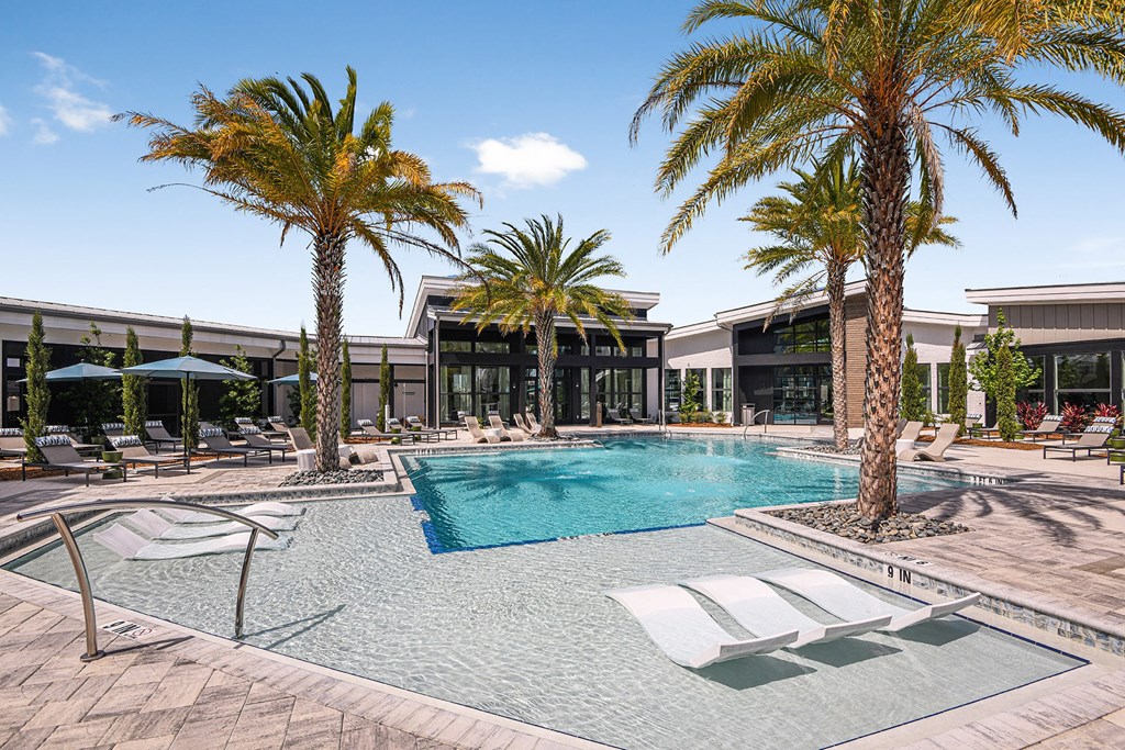 a swimming pool with palm trees and lounge chairs
