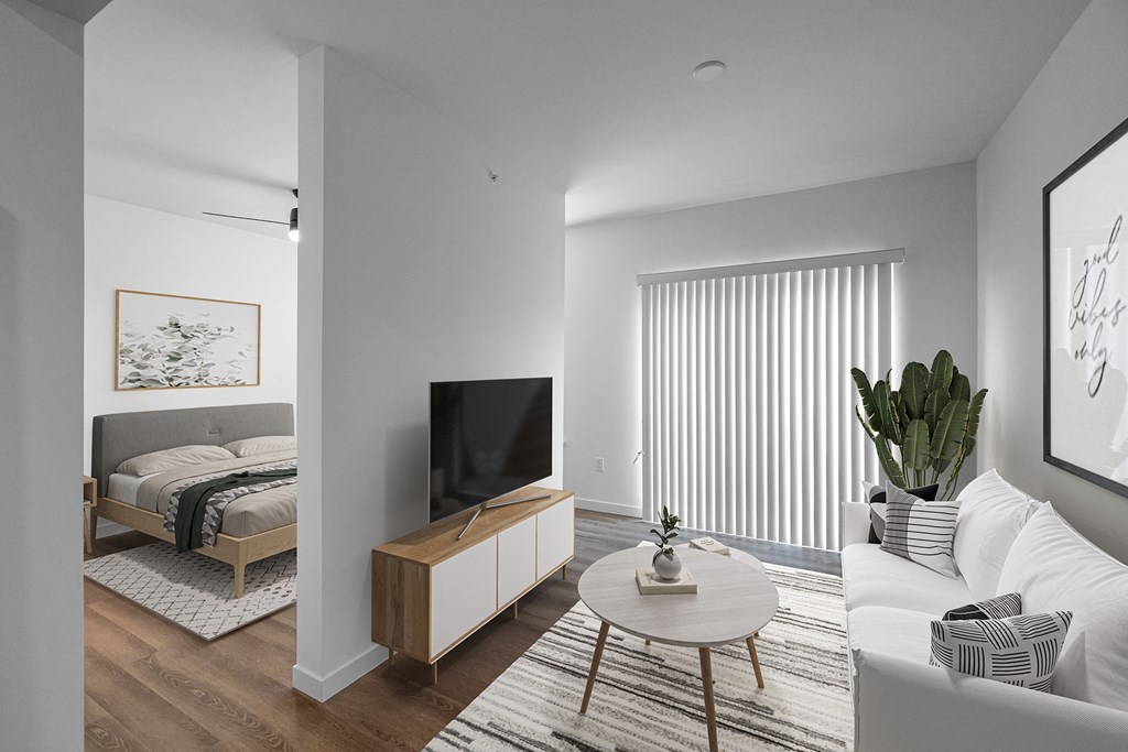 an apartment living room with a couch and a tv