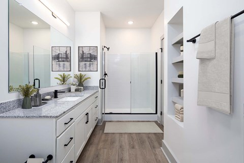 A modern bathroom with a walk-in shower and double sinks.