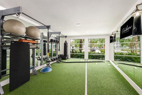 A gym with a green floor and white walls.