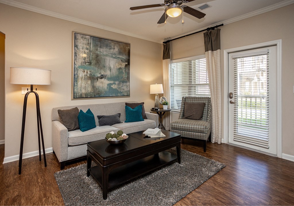 a living room with a couch and a coffee table