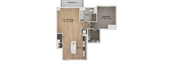 A floor plan of a home with a living/dining area, kitchen, bath, and bedroom.