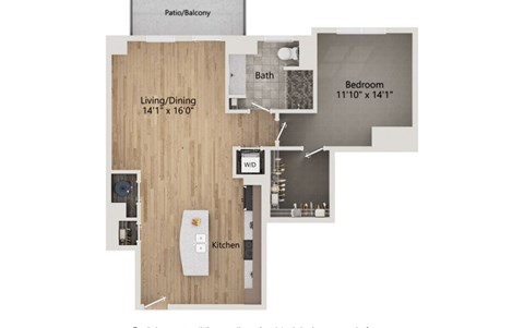 A floor plan of a home with a living/dining area, kitchen, bath, and bedroom.