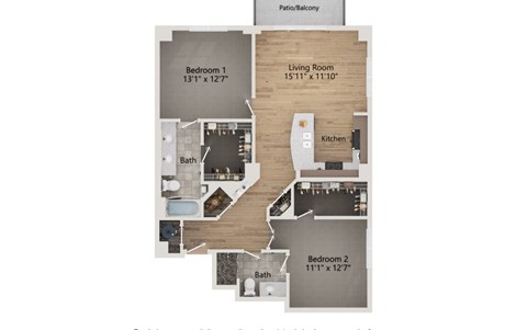A floor plan of a home with two bedrooms and a living room.