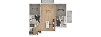 A floor plan of a home with a living room, two bedrooms, a kitchen, and a bathroom.