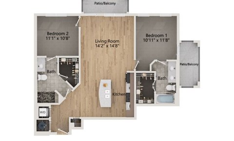 A floor plan of a home with a living room, two bedrooms, a kitchen, and a bathroom.