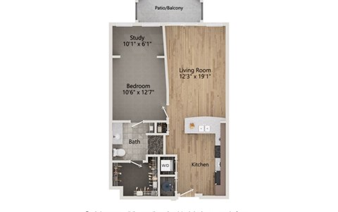 A floor plan of a one bedroom apartment.