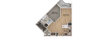 A floor plan of a home with a living room, kitchen, bath, and bedroom.