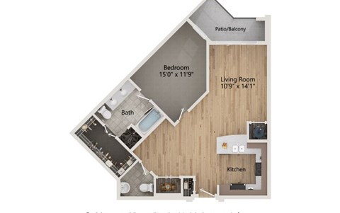 A floor plan of a home with a living room, kitchen, bath, and bedroom.