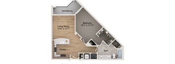 A floor plan of a house with a living room, kitchen, bedroom, and bathroom.