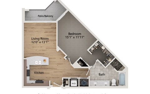 A floor plan of a house with a living room, kitchen, bedroom, and bathroom.